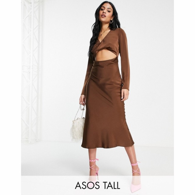 エイソス ASOS Tall レディース ワンピース ミドル丈 ワンピース・ドレス Tall Twist Front Bias Midi Dress In Satin In Rust チョコレ