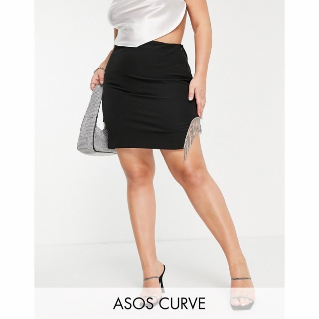 エイソス ASOS DESIGN レディース ミニスカート スカート Curve Mini Skirt With Diamante Fringe Hem ブラック