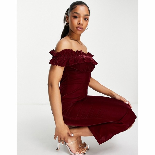 ホープ＆アイビー Hope and Ivy レディース ワンピース ミドル丈 ワンピース・ドレス Bardot Velvet Midi Dress In Burgundy バーガンデ