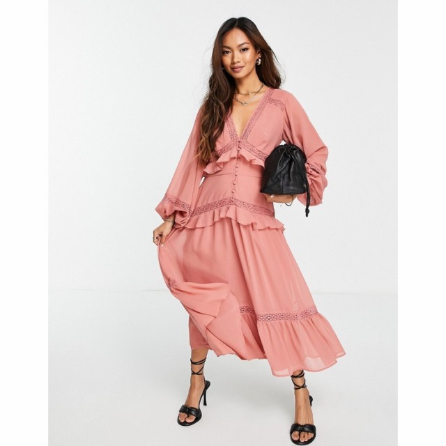 エイソス ASOS DESIGN レディース ワンピース Ａライン Long Sleeve Button Through Lace Insert Tiered Midi Dress In Dusky Pink ダス