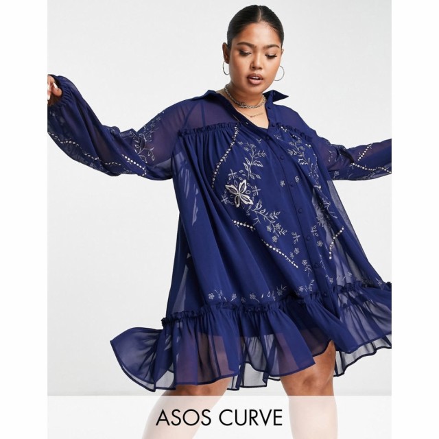 エイソス ASOS Curve レディース ワンピース ミニ丈 シャツワンピース Curve Soft Mini Smock Shirt Dress With Embroidery In Navy ネイ