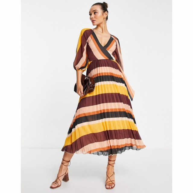 エイソス ASOS DESIGN レディース ワンピース ラップドレス ワンピース・ドレス Pleated Wrap Midi Dress In Multi Stripe マルチストラ