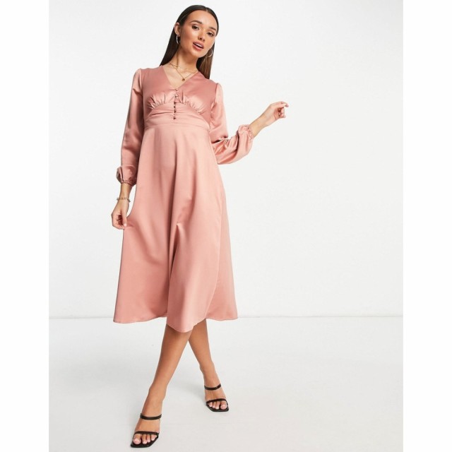 フラウンスロンドン Flounce London レディース ワンピース ミドル丈 ワンピース・ドレス Buttoned Midi Dress In Blush Satin ベビーピ