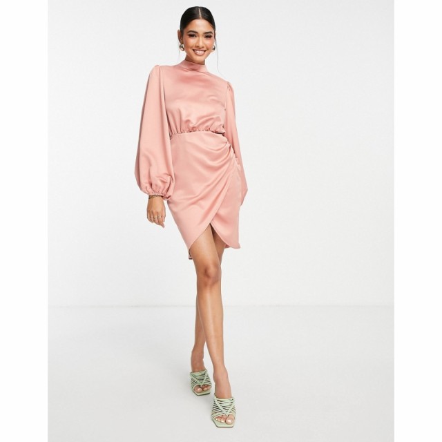 フラウンスロンドン Flounce London レディース ワンピース ラップドレス ミニ丈 Satin Wrap Front Mini Dress With High Neck In Blush