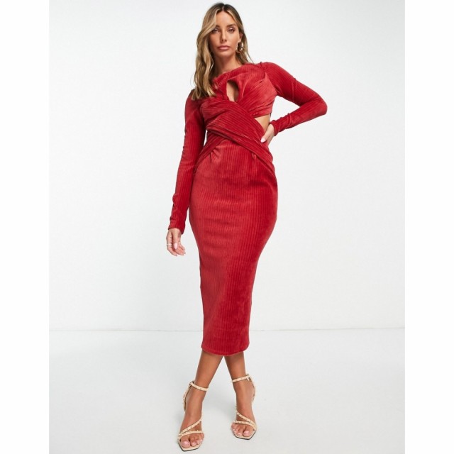 エイソス ASOS DESIGN レディース ワンピース ミドル丈 ワンピース・ドレス Rib Midi Dress With Cross Over In Deep Red ディープレッド