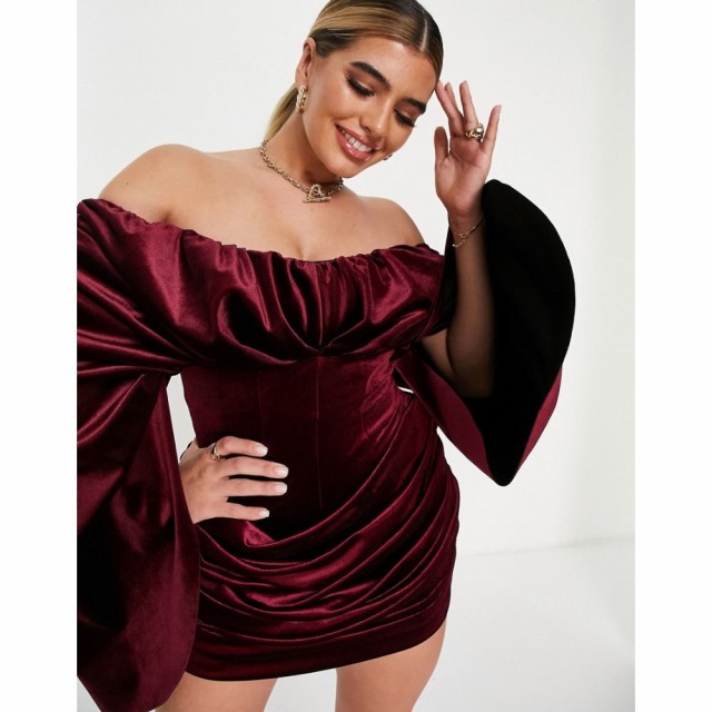 エイソス ASOS DESIGN レディース ワンピース ワンピース・ドレス Bonded Velvet Extreme Drape Sleeve Dress In Burgandy バーガンディ