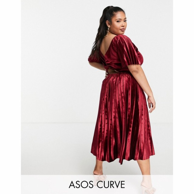 エイソス ASOS Curve レディース ワンピース エンパイアドレス ミドル丈 Curve Twist Back Empire Waist Pleated Midi Dress In Red バー