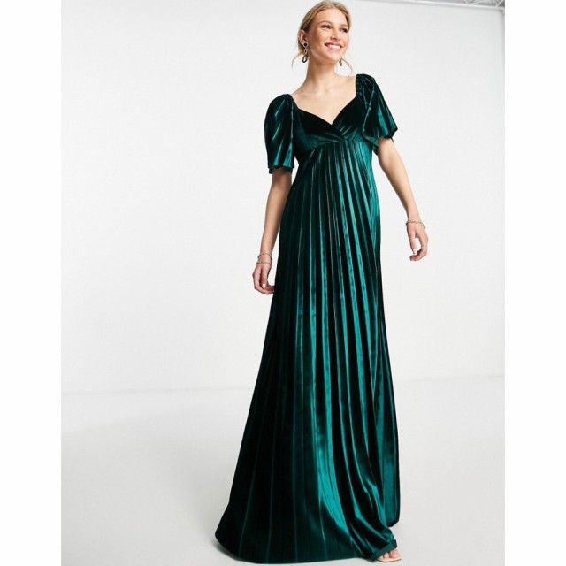 エイソス ASOS DESIGN レディース ワンピース エンパイアドレス マキシ丈 Twist Back Empire Waist Velvet Pleated Maxi Dress In Forest