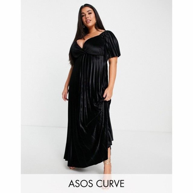 エイソス ASOS Curve レディース ワンピース エンパイアドレス マキシ丈 Curve Twist Back Empire Waist Pleated Velvet Maxi Dress In B