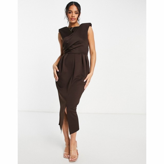 エイソス ASOS DESIGN レディース ワンピース タイト ミドル丈 ワンピース・ドレス Tuck Midi Pencil Dress With Shoulder Pads In Choco