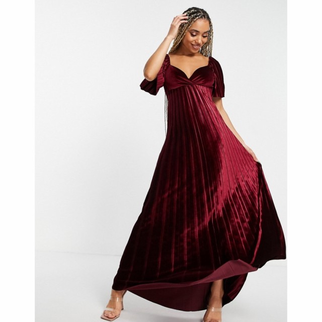 エイソス ASOS DESIGN レディース ワンピース エンパイアドレス マキシ丈 Twist Back Pleated Empire Waist Velvet Maxi Dress In Red バ