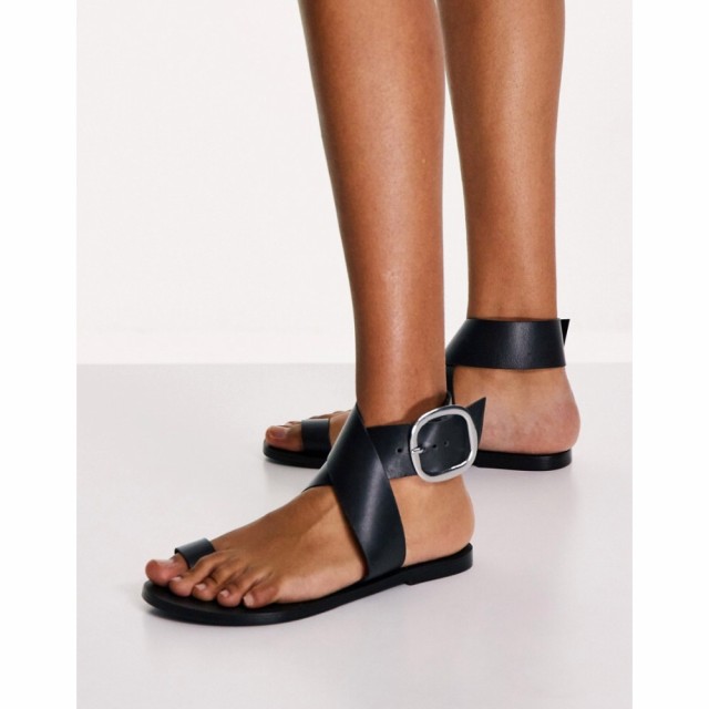 エイソス ASOS DESIGN レディース サンダル・ミュール フラット シューズ・靴 Flyer Leather Toe Loop Flat Sandals In Black ブラック