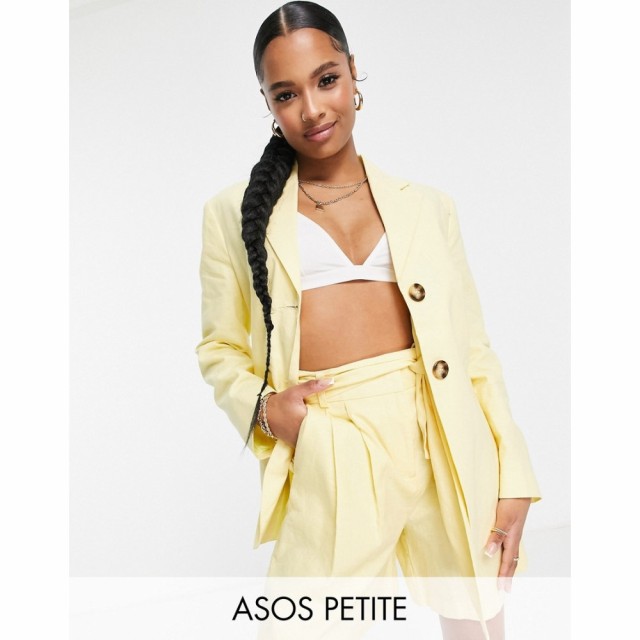 エイソス ASOS Petite レディース スーツ・ジャケット スリム アウター Petite Linen Slim Straight Suit Blazer In Yellow イエロー