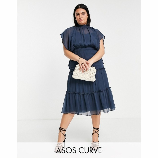 エイソス ASOS Curve レディース ワンピース Ａライン ワンピース・ドレス Curve High Neck Soft Midi Dress With Tiered Skirt In Dusty