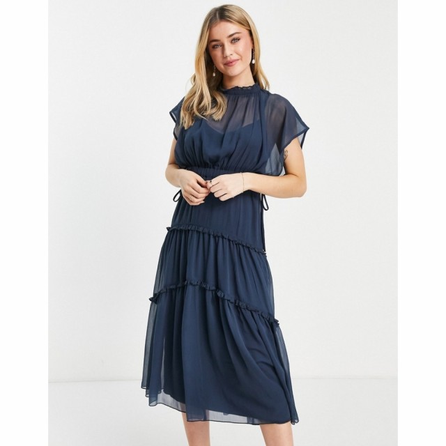 エイソス ASOS DESIGN レディース ワンピース Ａライン ワンピース・ドレス High Neck Soft Midi Dress With Tiered Skirt In Dusty Blue