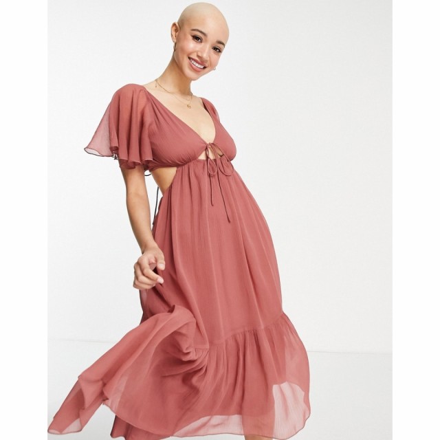 エイソス ASOS DESIGN レディース ワンピース Ａライン ワンピース・ドレス Soft Tiered Midi Dress With Tie Front In Rose ローズ