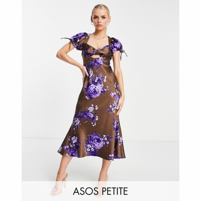 エイソス ASOS Petite レディース ワンピース ワンピース・ドレス Petite Satin Midi Tea Dress With Twist Front In Spot And Floral Pr