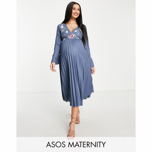 エイソス ASOS Maternity レディース ワンピース マタニティウェア ミドル丈 Maternity Embroidered Pleated Midi Dress In Blue ダスキ