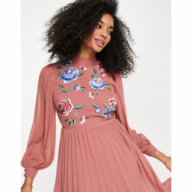 エイソス ASOS DESIGN レディース ワンピース ミドル丈 High Neck Pleated Long Sleeve Skater Midi Dress With Embroidery In Dusky Pin