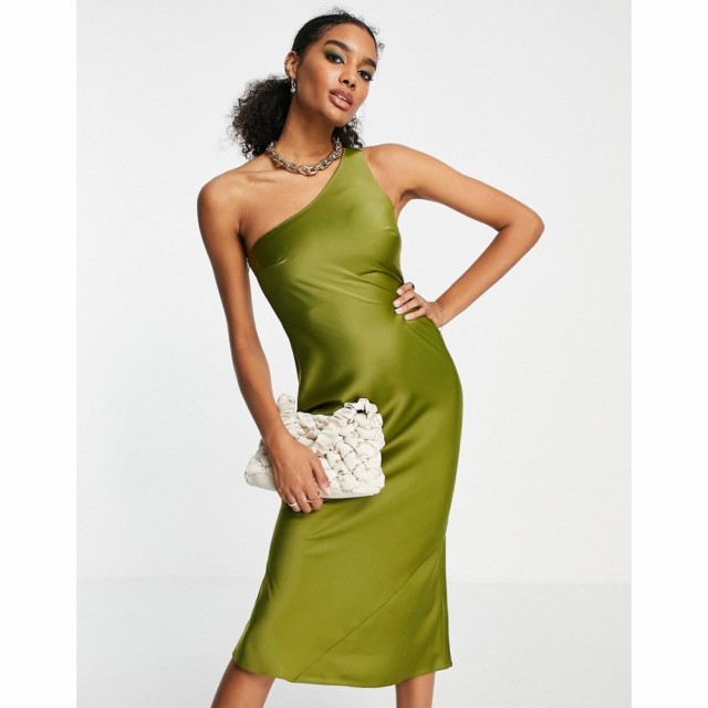 エイソス ASOS DESIGN レディース ワンピース ワンピース・ドレス One Shoulder Bias Cut Midi Dress In Satin オリーブ