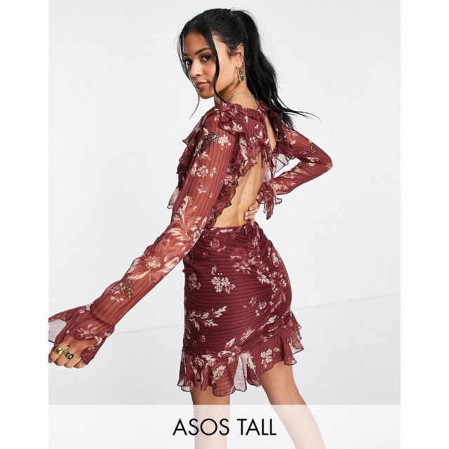 エイソス ASOS Tall レディース ワンピース ワンピース・ドレス Tall Embellished Mini Dress With Ruffle Detail In Floral Print ブラ