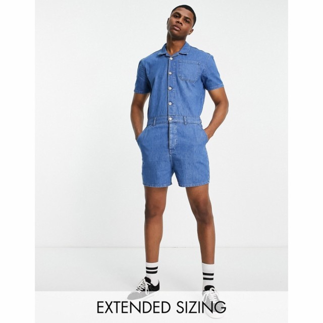 エイソス ASOS DESIGN メンズ ツナギ・オールインワン ボイラースーツ デニム トップス Short Denim Boilersuit In Mid Wash Blue ウォッ