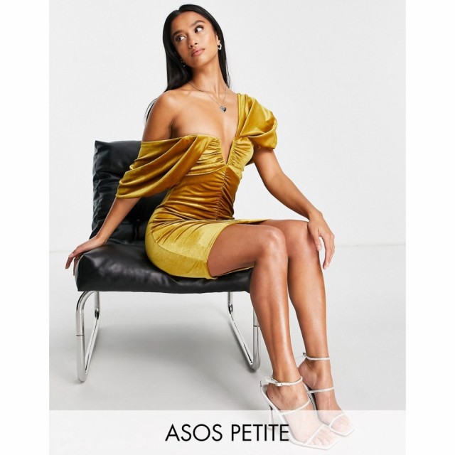 エイソス ASOS Petite レディース ワンピース ミニ丈 ワンピース・ドレス Petite Super Ruched Fallen Shoulder Velvet Mini Dress In Mu