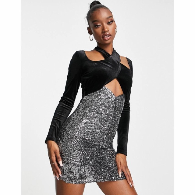 エイソス ASOS DESIGN レディース ワンピース ミニ丈 ワンピース・ドレス Sequin Ruched Velvet Halter Long Sleeve Mini Dress In Black