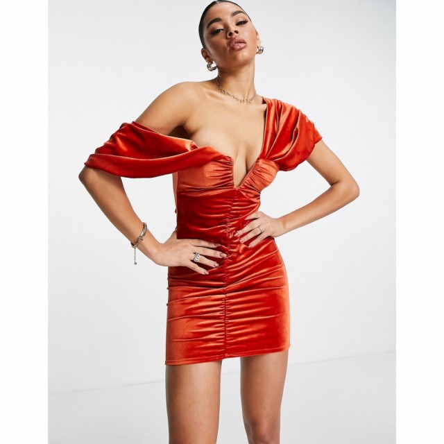 エイソス ASOS DESIGN レディース ワンピース ミニ丈 ワンピース・ドレス Super Ruched Velvet Fallen Shoulder Mini Dress In Rust ラス