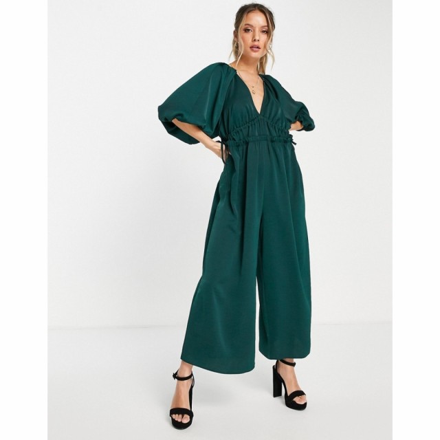 エイソス ASOS DESIGN レディース オールインワン ジャンプスーツ Plunge Neck Drawstring Waist Tea Jumpsuit In Teal Green ティールグ