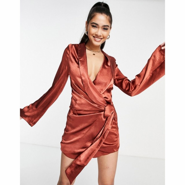 エイソス ASOS DESIGN レディース オールインワン ショート ワンピース・ドレス Heavy Satin Wrap Knot Front Playsuit In Burgandy バー