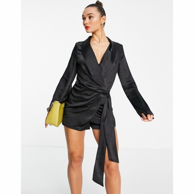 エイソス ASOS DESIGN レディース オールインワン ショート ワンピース・ドレス Heavy Satin Wrap Knot Front Playsuit In Black ブラッ