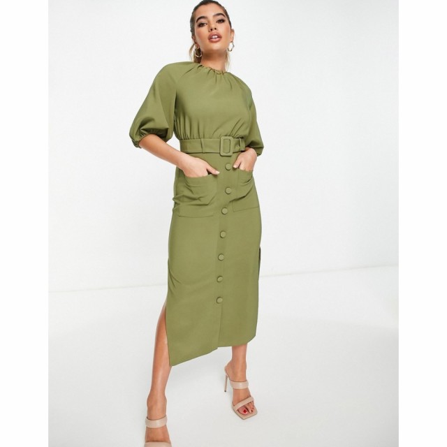 エイソス ASOS DESIGN レディース ワンピース ミドル丈 ワンピース・ドレス Puff Sleeve Button Through Belted Midi Dress In Khaki カ