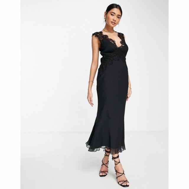 エイソス ASOS DESIGN レディース ワンピース ミドル丈 ワンピース・ドレス Bias Cut Chiffon Midi Dress With Applique Lace ブラック