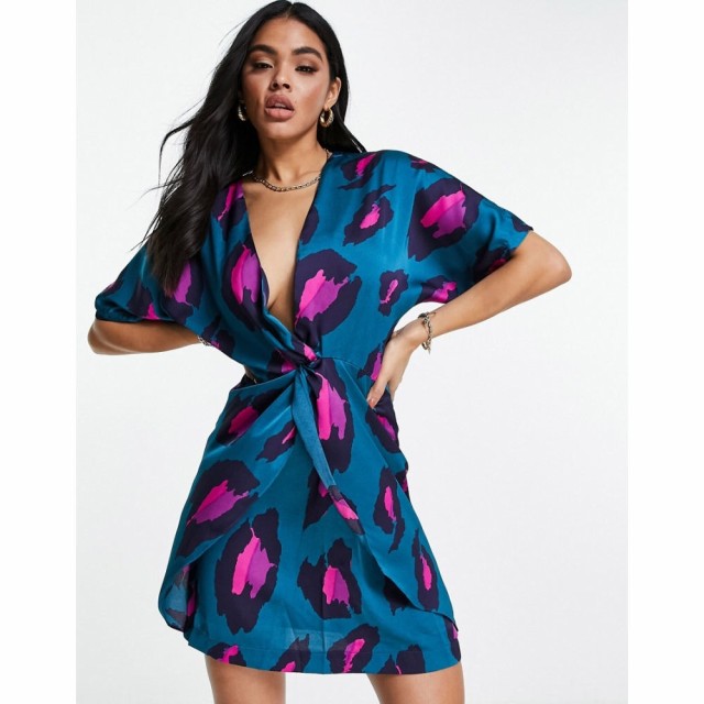 リカリッシュ Liquorish レディース ワンピース ミニ丈 ワンピース・ドレス Knotted Mini Dress In Blue Leopard マルチカラー