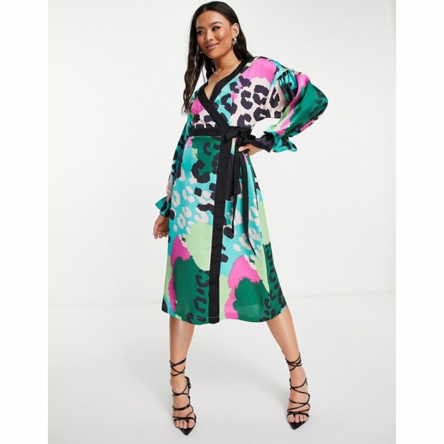 リカリッシュ Liquorish レディース ワンピース ラップドレス ミドル丈 Balloon Sleeve Midi Wrap Dress In Multi Animal Print マルチカ