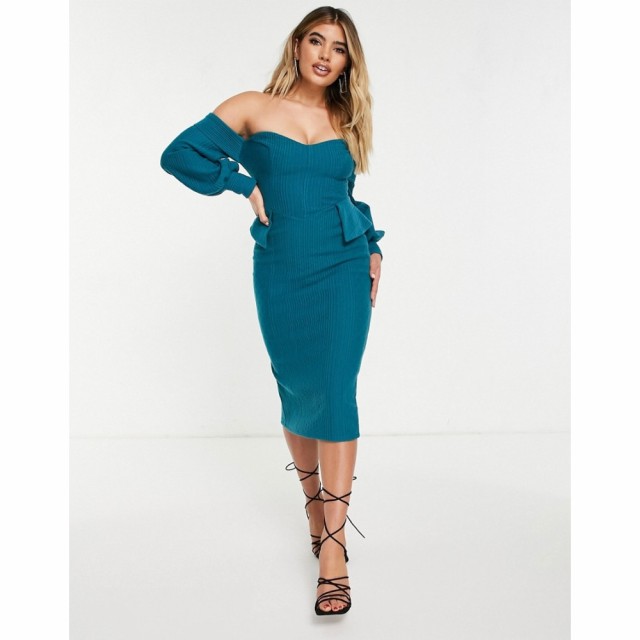 エイソス ASOS DESIGN レディース ワンピース ケーブルニット タイト ミドル丈 Cable Knit Off Shoulder Pencil Midi Dress In Teal ティ