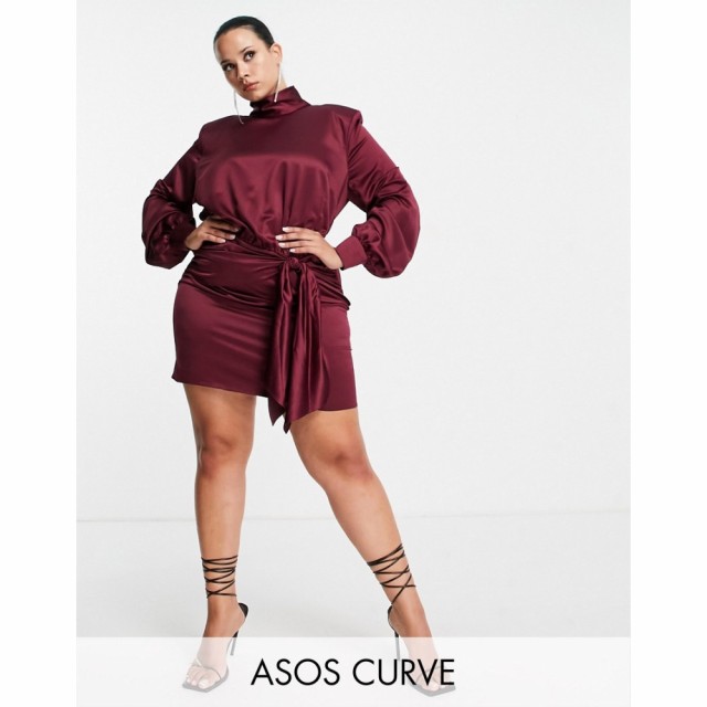 エイソス ASOS Curve レディース ワンピース ミニ丈 ワンピース・ドレス Curve High Neck Mini Dress With Sash Waist Detail In Wine ワ