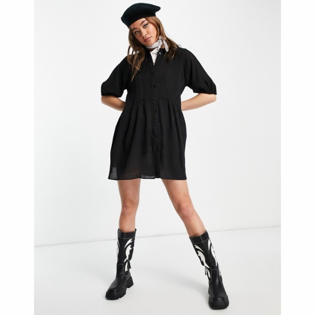 トップショップ Topshop レディース ワンピース ミニ丈 シャツワンピース ワンピース・ドレス Textured Chuck On Mini Shirtdress In Bla