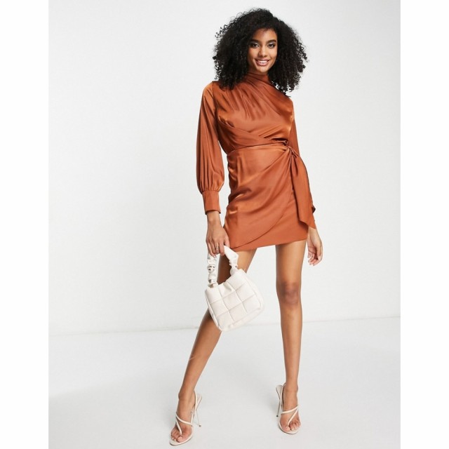 エイソス ASOS DESIGN レディース ワンピース ミニ丈 ワンピース・ドレス Pleat Cowl Neck Mini Dress With Tie Skirt In Rust ラスティ