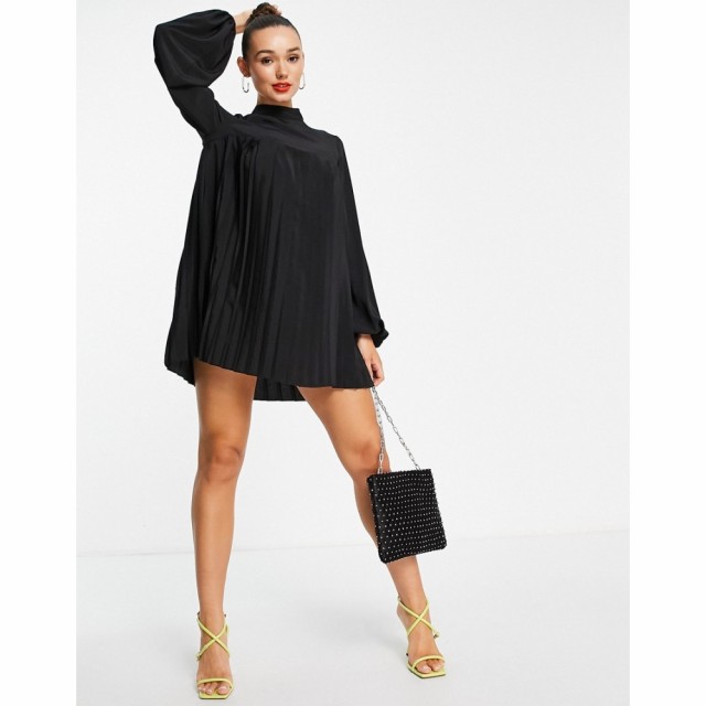 エイソス ASOS DESIGN レディース ワンピース ミニ丈 ワンピース・ドレス High Neck Pleated Trapeze Mini Dress In Black ブラック