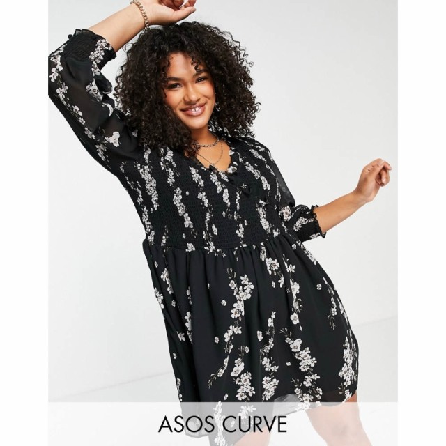 エイソス ASOS Curve レディース ワンピース ワンピース・ドレス Curve Mini Smock Dress With Shirred Cuffs In Black Floral Print