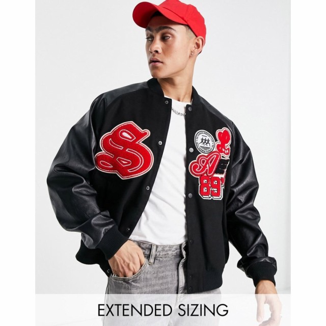 エイソス ASOS DESIGN メンズ ブルゾン ミリタリージャケット アウター Oversized Varsity Bomber Jacket In Black With Collegiate Badg