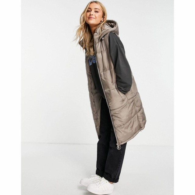 プルandベアー PullandBear レディース ベスト・ジレ ロング トップス Longline Padded Gilet With Hood In Mushroom ライトベージュ