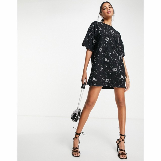 エイソス ASOS DESIGN レディース ワンピース Tシャツワンピース ワンピース・ドレス Oversized T-Shirt Dress With Silver Sequins In B