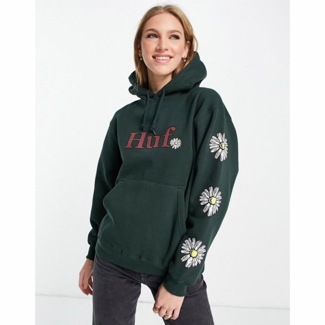 ハフ HUF レディース パーカー トップス Huf Oversized Hoodie With Front Logo And Daisy Arm Print ダークグリーン