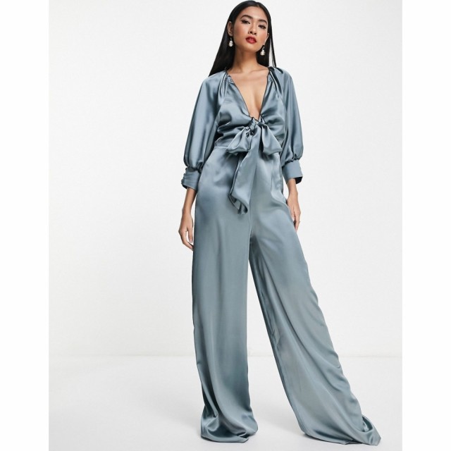 エイソス ASOS DESIGN レディース オールインワン ジャンプスーツ ワンピース・ドレス Satin Tie Front Wide Leg Jumpsuit In Teal Grey