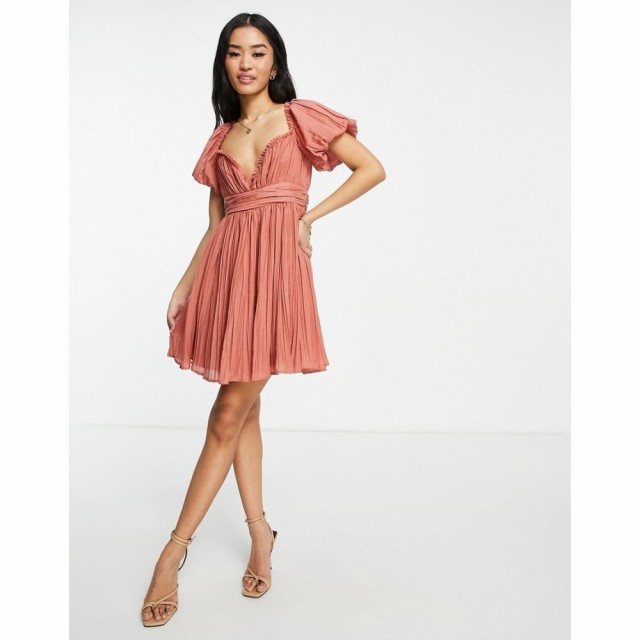 エイソス ASOS DESIGN レディース ワンピース ミニ丈 ワンピース・ドレス Plisse Mini Dress With Puff Sleeve In Rose ローズ