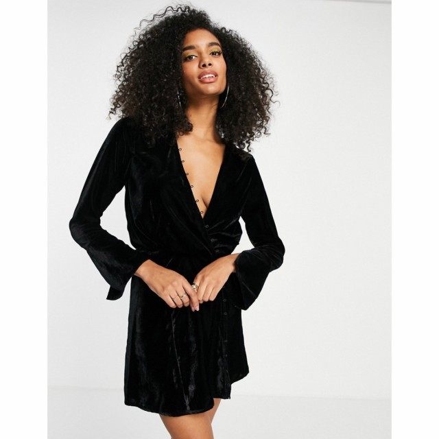 エイソス ASOS DESIGN レディース ワンピース ミニ丈 ワンピース・ドレス Velvet Bias Cut Drape Mini Dress With Button Detail In Blac