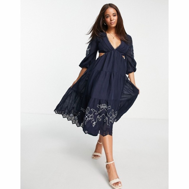 エイソス ASOS DESIGN レディース ワンピース Ａライン ワンピース・ドレス Tiered Voile Midi Dress With Lace Trim And Embrodiery ネ